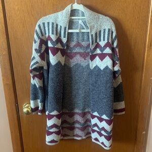 Long Geometric Open-Front Cardigan - Gray, Burgundy, Cream Log Cabin Vibes